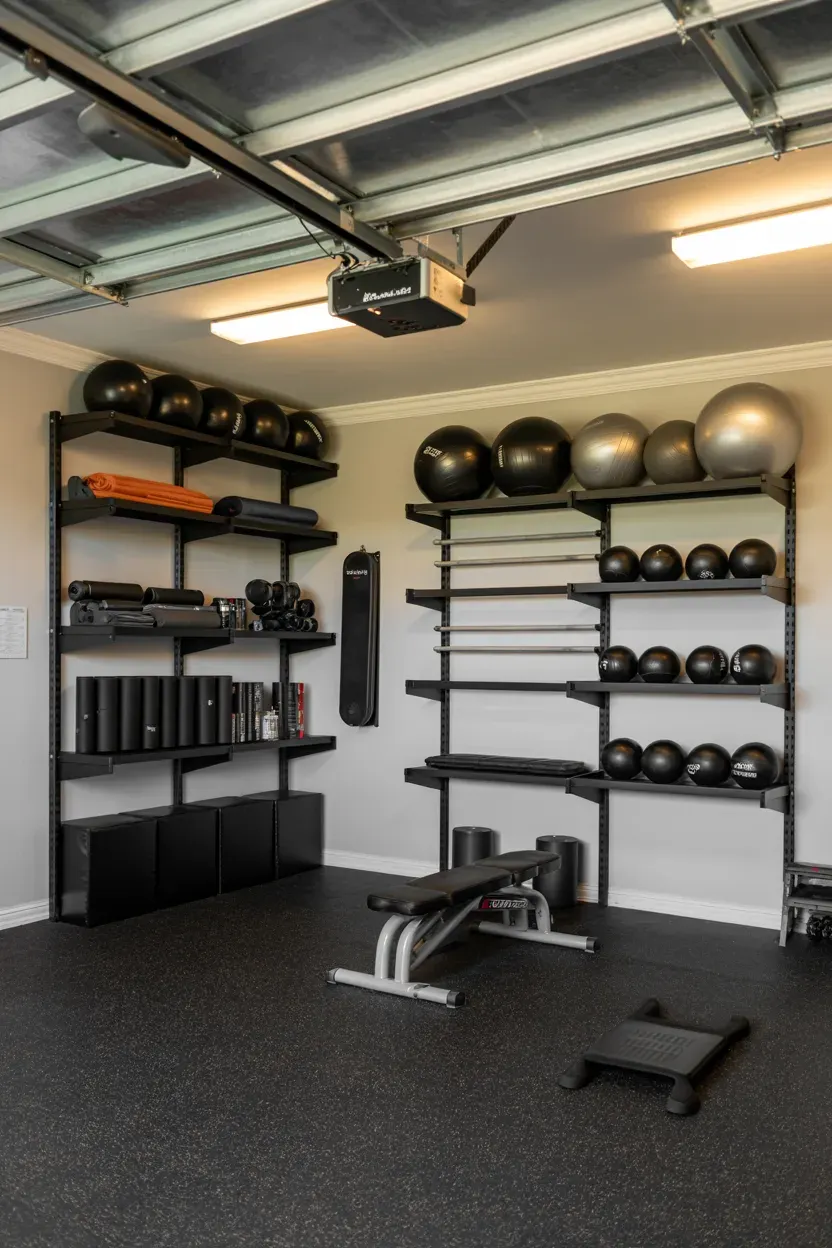 DIY Home Gym Organization ceiling mounted storage for bulky gym equipment