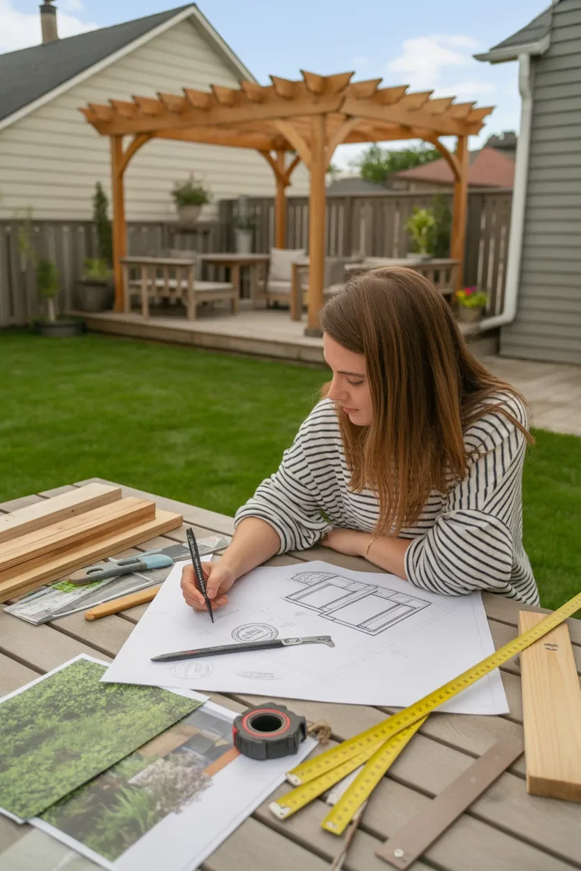 DIY Pergola planning design with backyard measurements and wooden layout ideas
