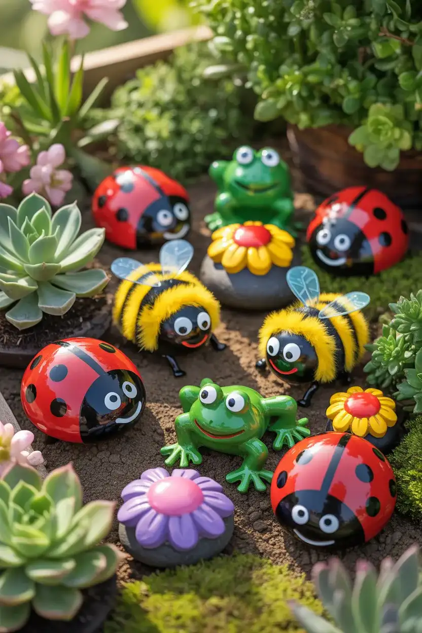 DIY Yard Art Crafts Ideas using colorful painted rock creatures for garden decor