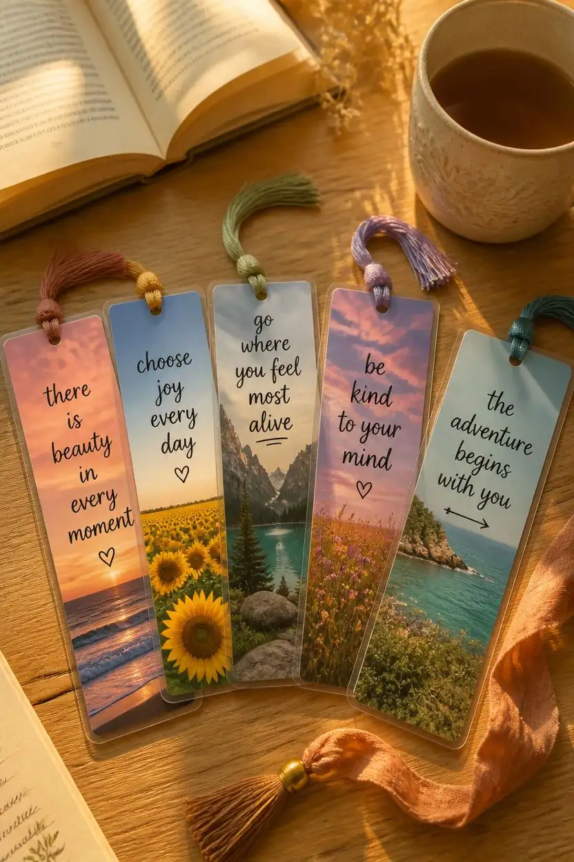 DIY birthday gifts for friends ideas personalized photo bookmark set with hand lettered quotes and tassels beside a book