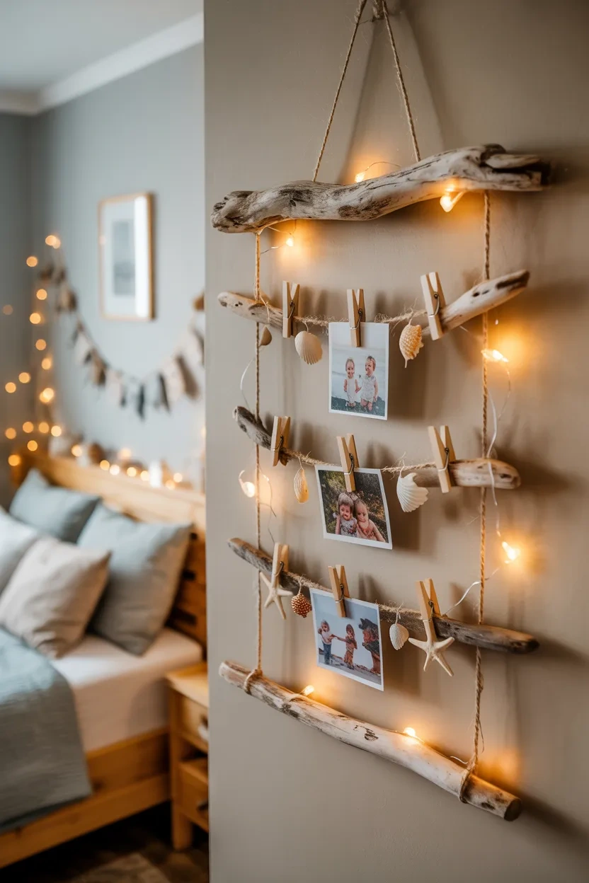Driftwood Craft For Kids photo display with hanging pictures and fairy lights