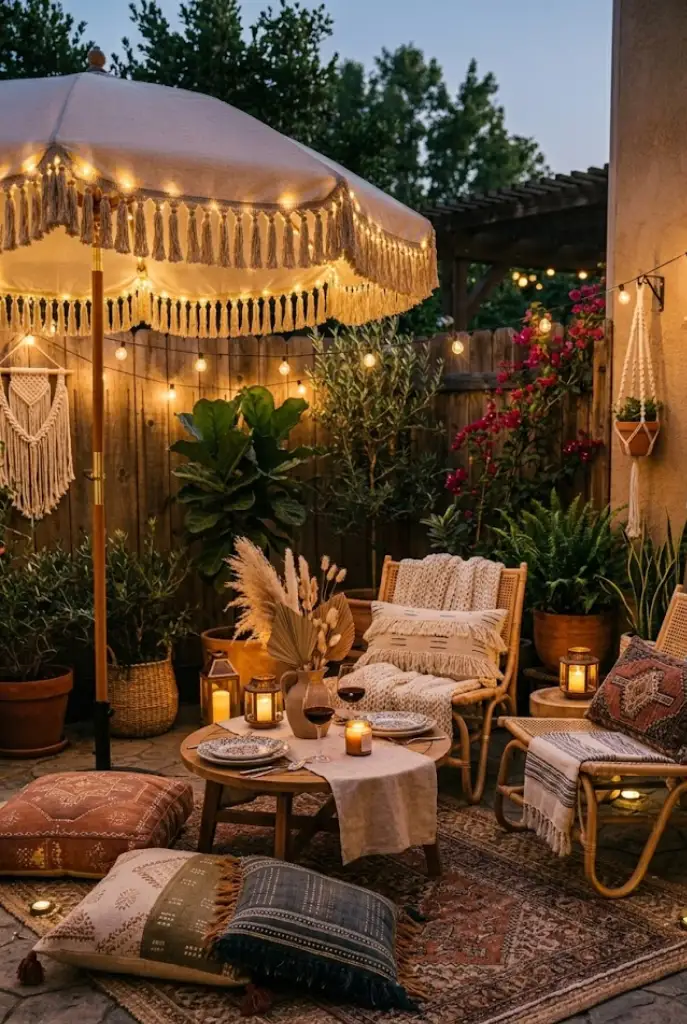 Evening Patio Umbrella Design Ideas with LED lights creating a warm and inviting nighttime outdoor atmosphere