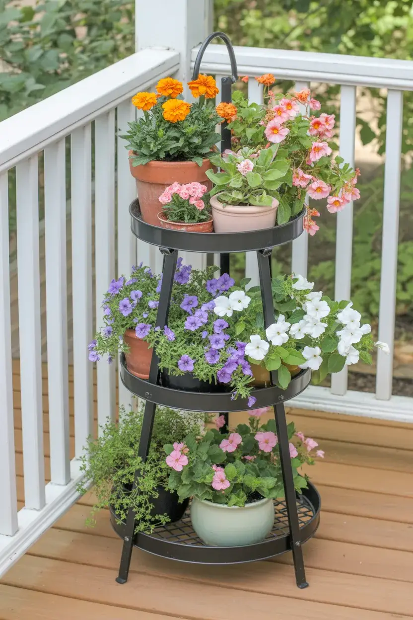 Front Porch Flower Pot Ideas with tiered plant stands full of summer flowers