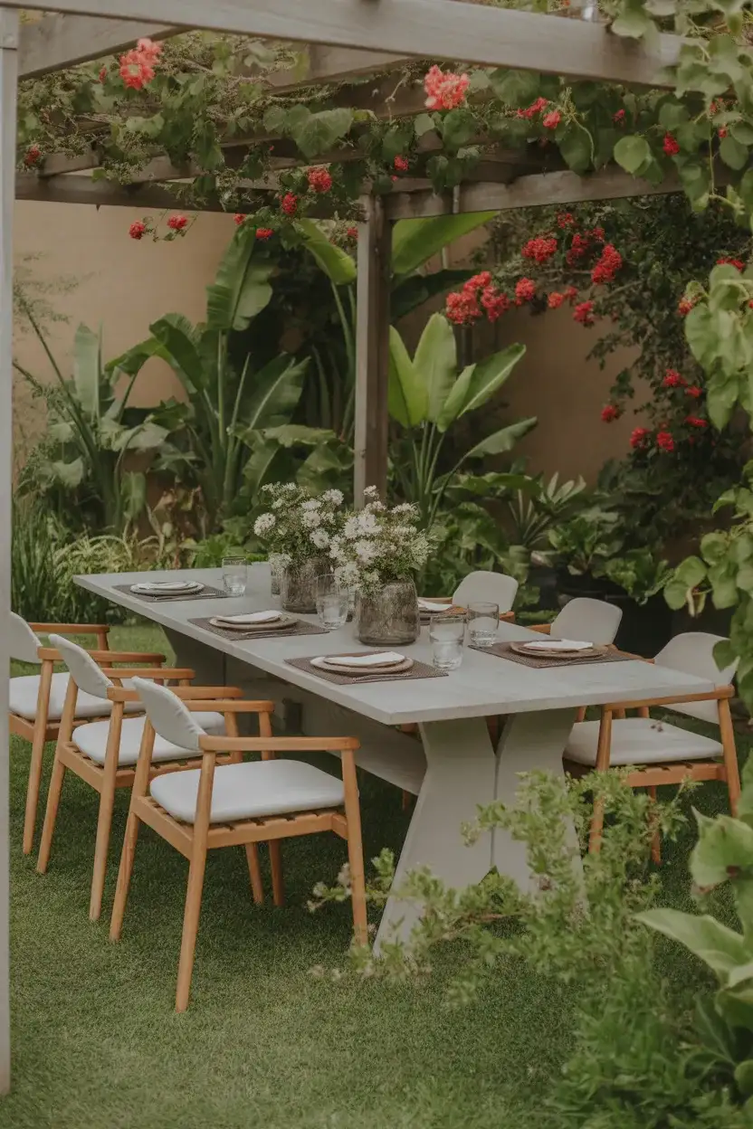 Garden integrated Patio Dining Set Ideas blending dining space with greenery