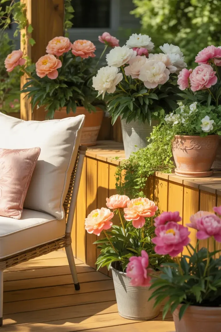 Growing Peonies in Pots in a sunny patio corner with colorful blooms