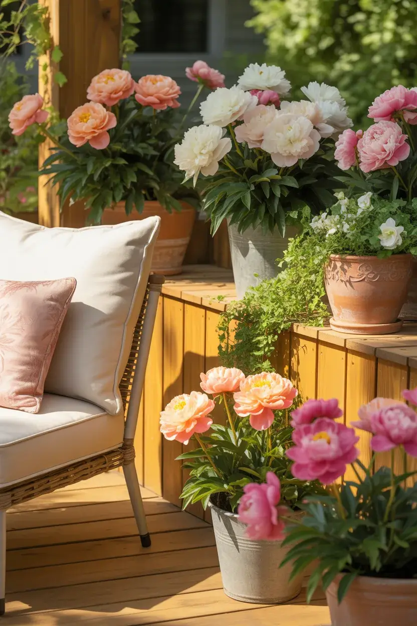 Growing Peonies in Pots in a sunny patio corner with colorful blooms