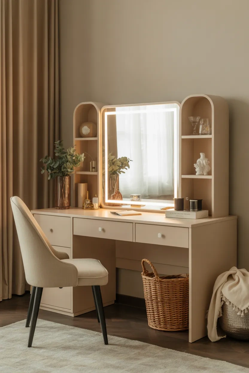 Home Office in Bedroom Ideas featuring a multi functional desk that works as both a workspace and a vanity for efficiency
