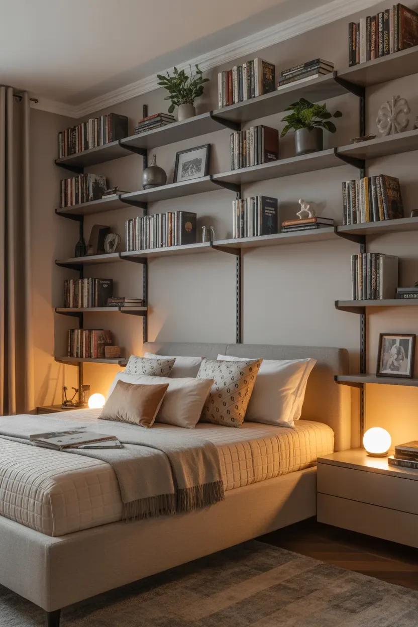 Home library wall design using Wall Shelves Bedroom Ideas for a cozy book filled bedroom space