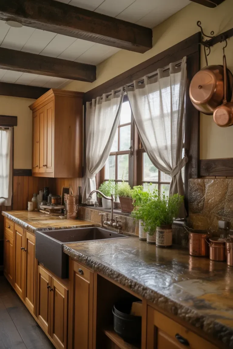 Kitchen Countertop Ideas with rustic stone countertops in a farmhouse kitchen