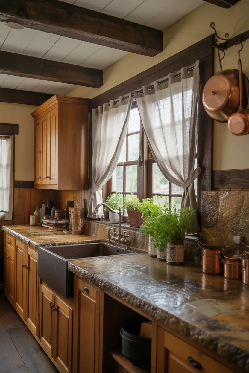 Kitchen Countertop Ideas with rustic stone countertops in a farmhouse kitchen