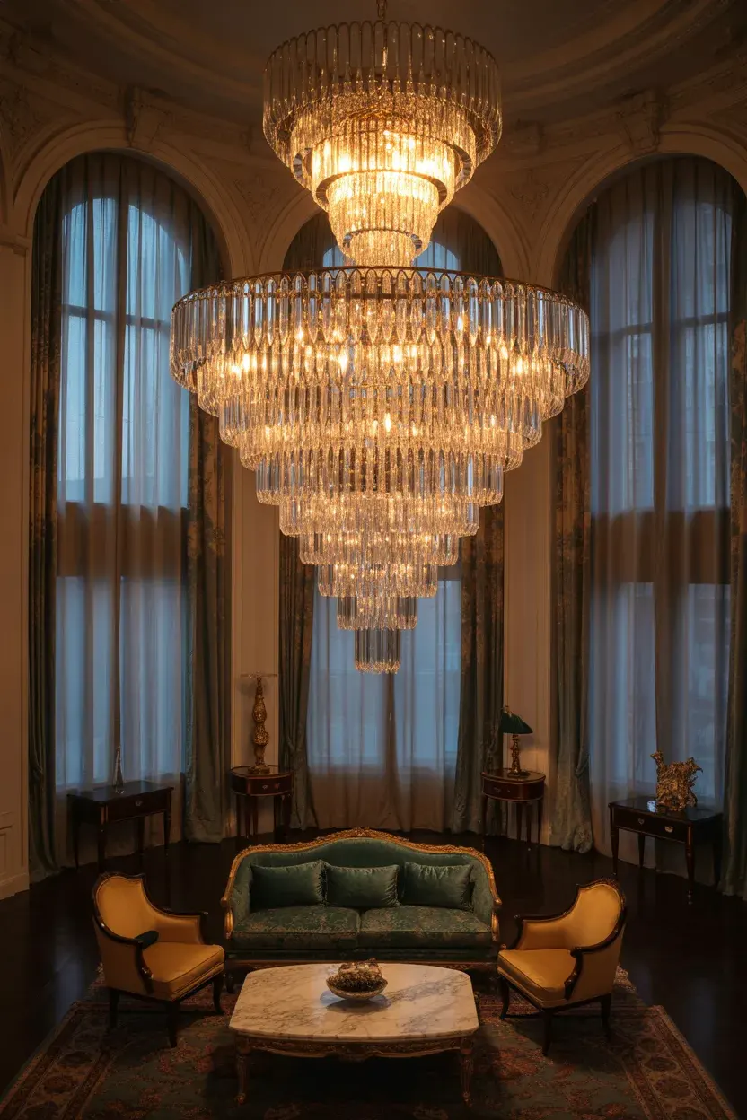Living Room Chandelier Ideas with a tiered chandelier creating a grand and luxurious atmosphere
