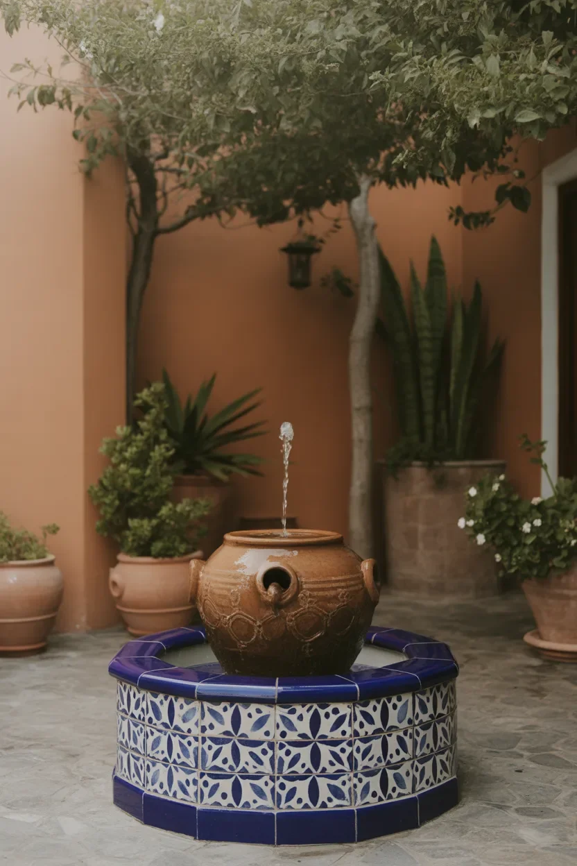 Mexican Patio Ideas with water feature fountain creating a calm and relaxing patio environment