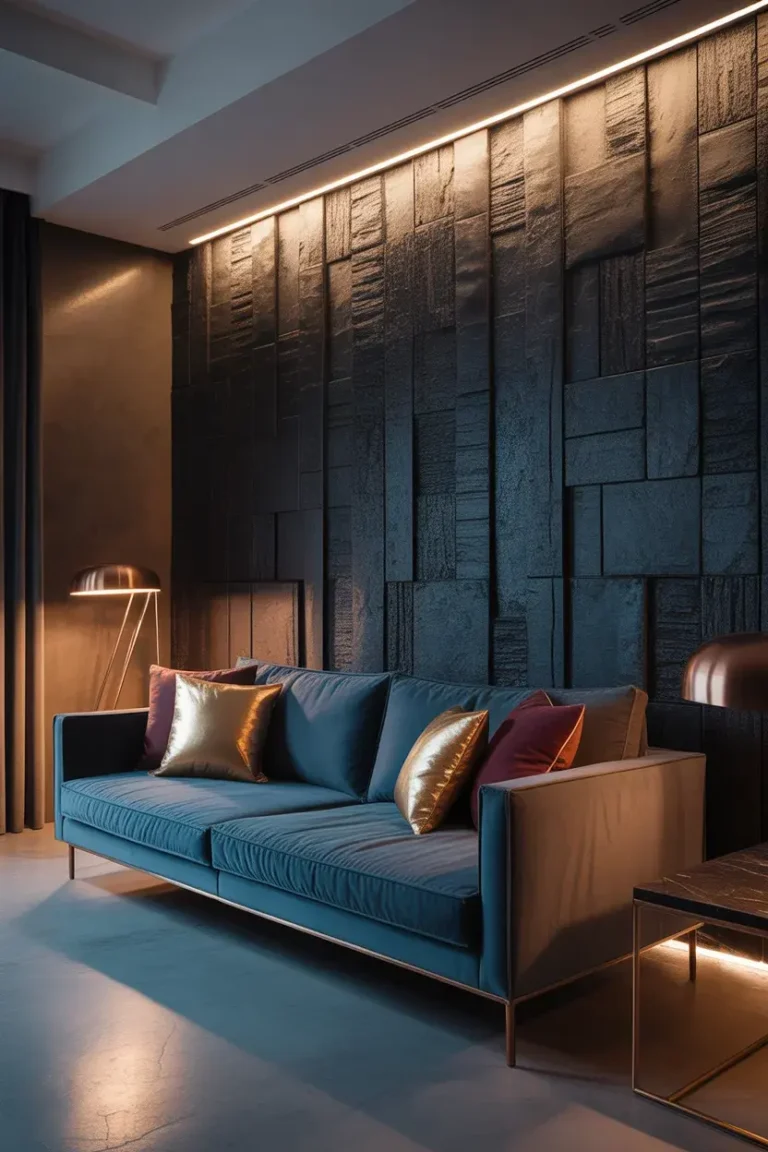 Modern Dark Living Room Ideas with a dark wallpaper accent wall adding texture and visual interest