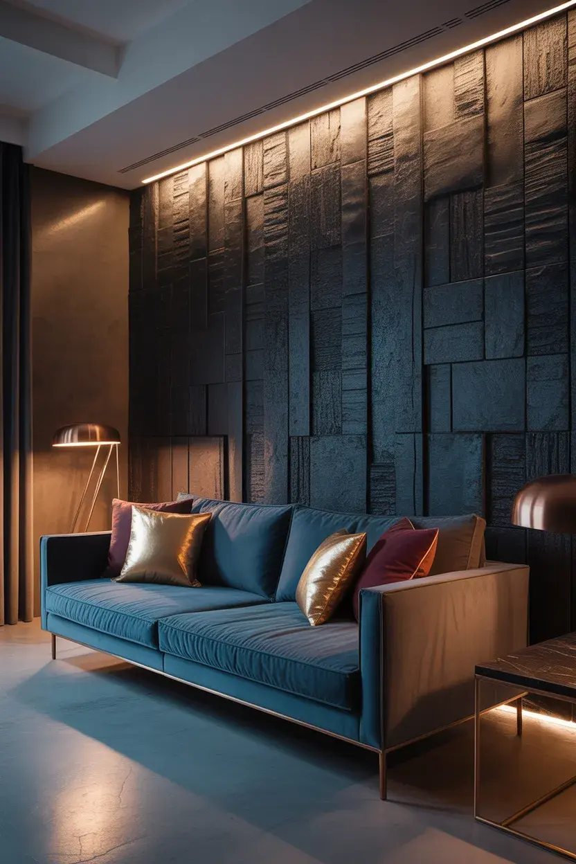 Modern Dark Living Room Ideas with a dark wallpaper accent wall adding texture and visual interest
