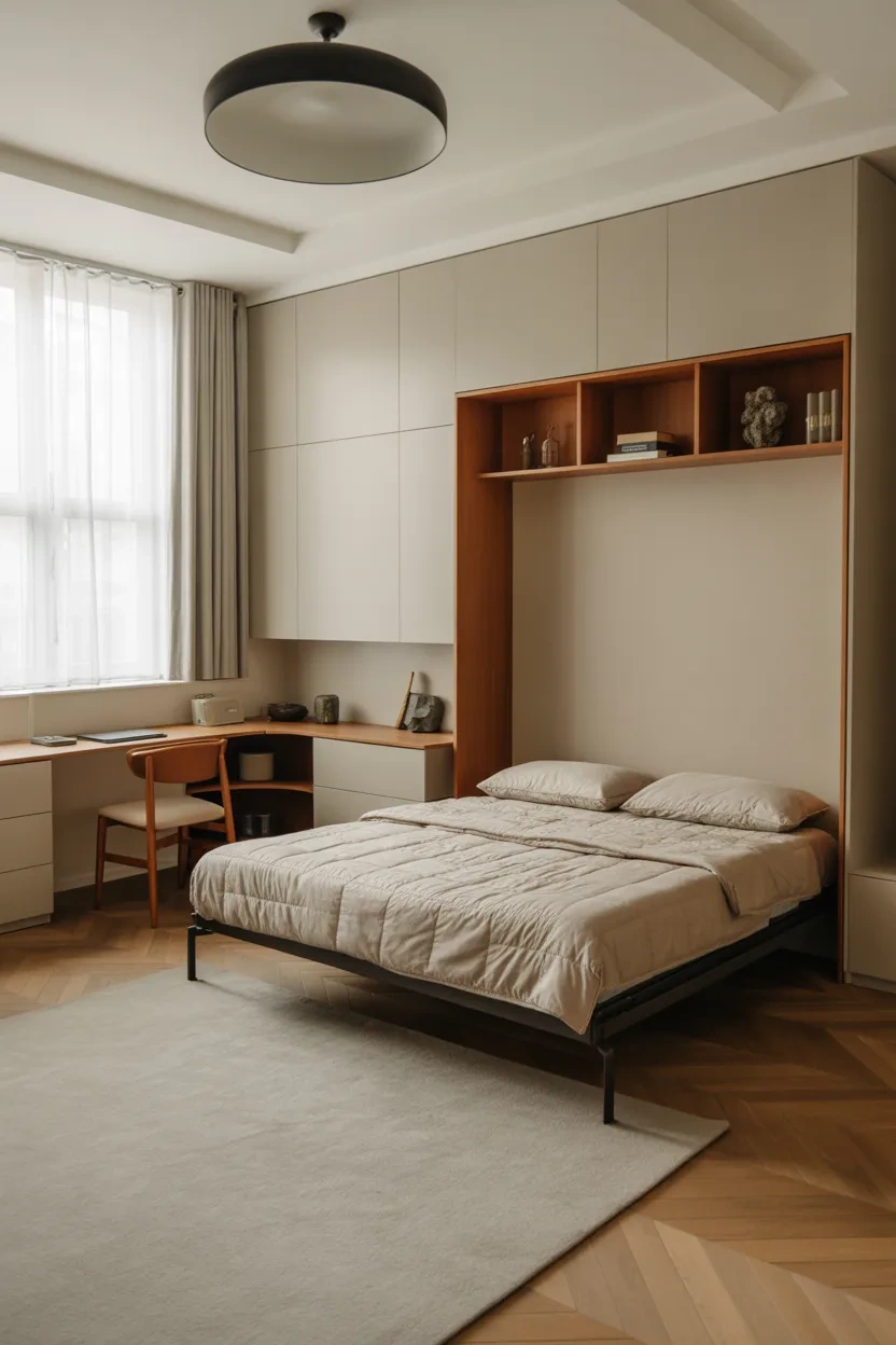Murphy bed folded into wall showcasing Space Saving Furniture Ideas for multifunctional rooms
