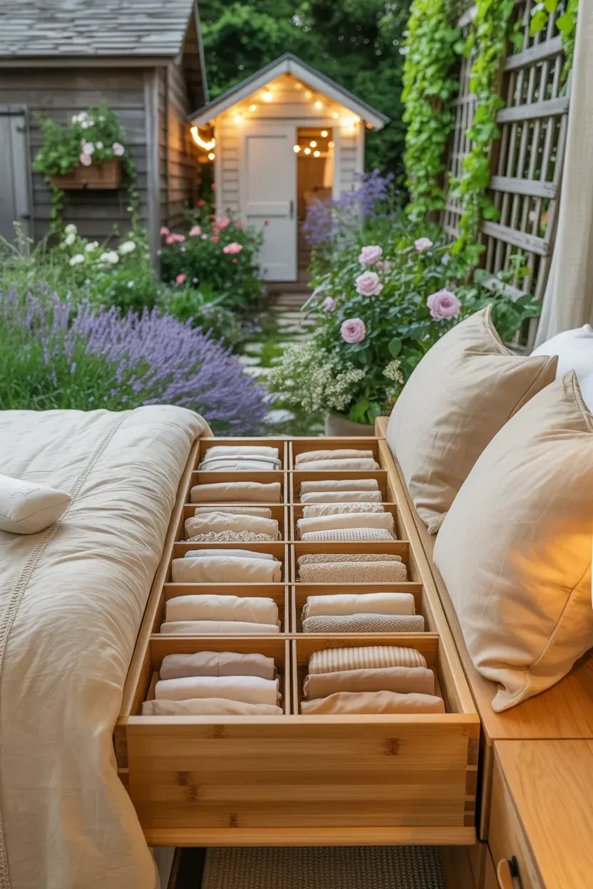 Organized dresser drawer with bamboo dividers and vertically folded clothing using the KonMari method