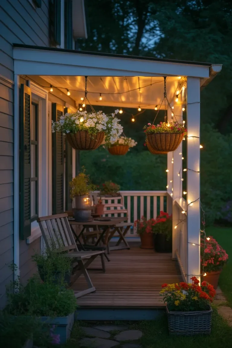 Porch Hanging Basket Ideas with glowing solar lights for cozy evenings