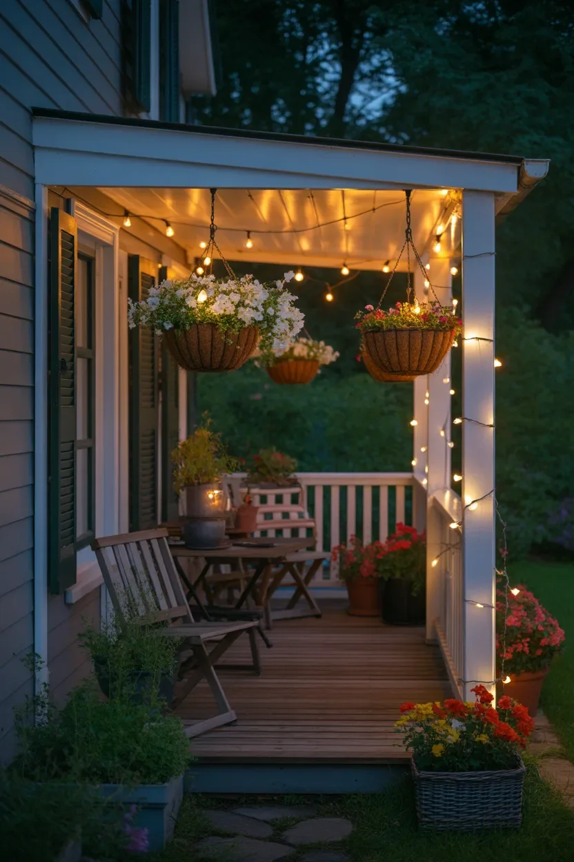Porch Hanging Basket Ideas with glowing solar lights for cozy evenings