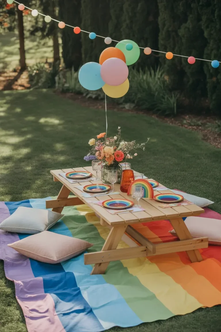 Rainbow Birthday Party Ideas with outdoor rainbow picnic setup for kids birthday celebration