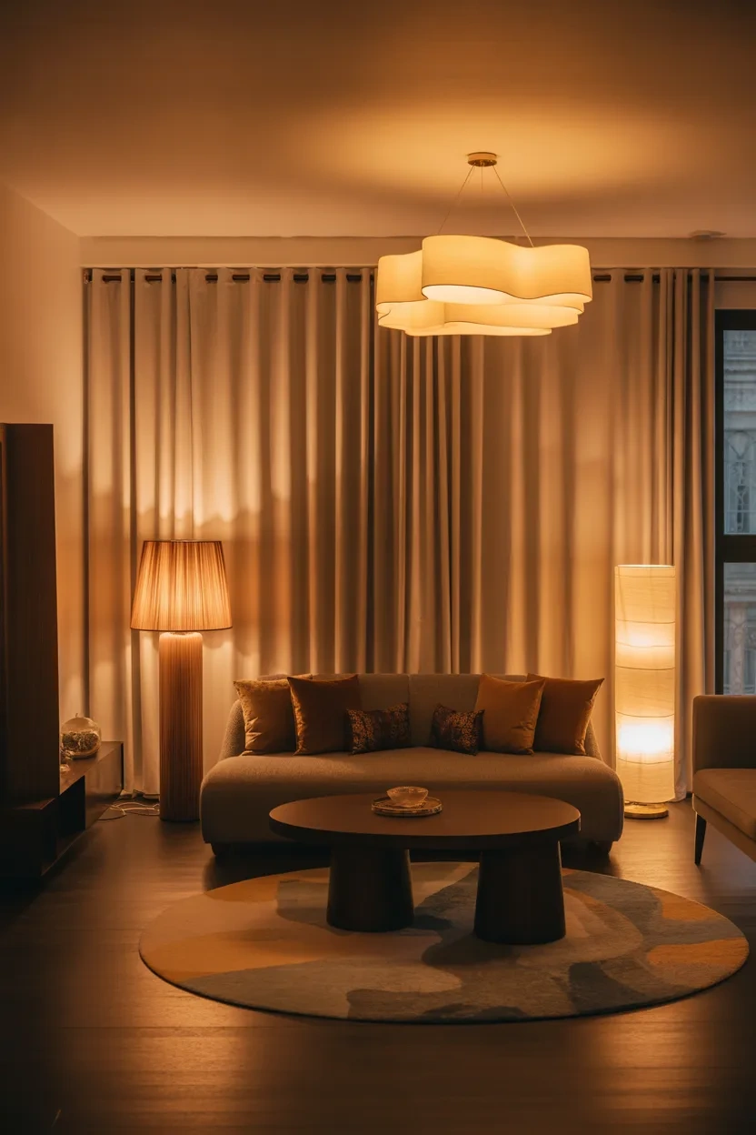 Rectangle Living Room Ideas using layered lighting to define zones and add depth