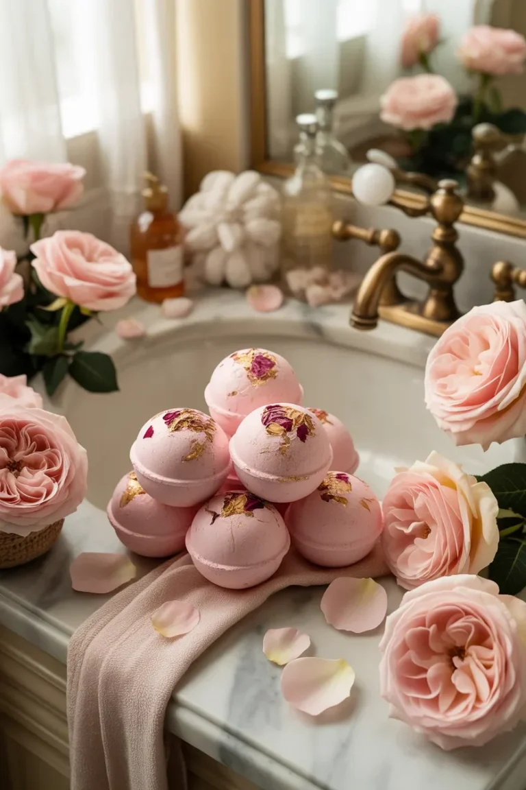 Rose petal Bath bombs recipe with pink floral spa inspired design