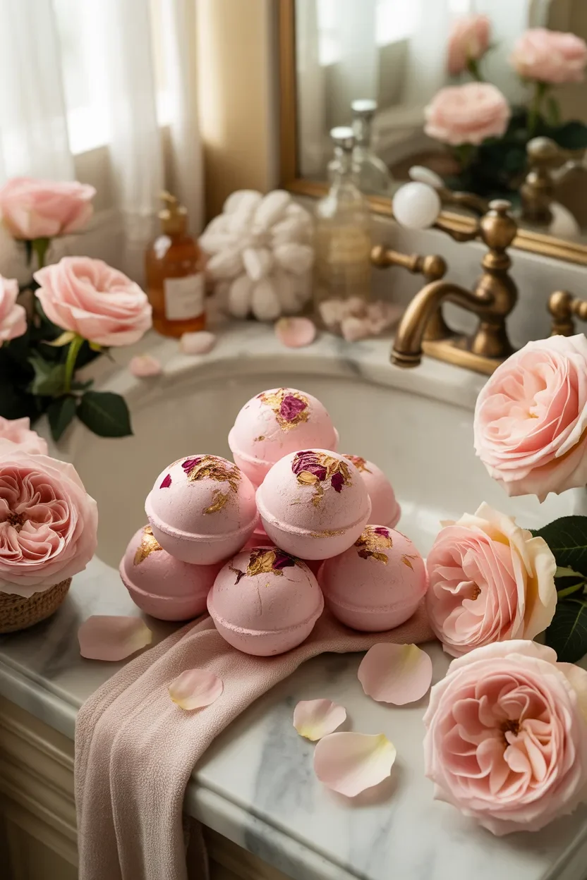 Rose petal Bath bombs recipe with pink floral spa inspired design