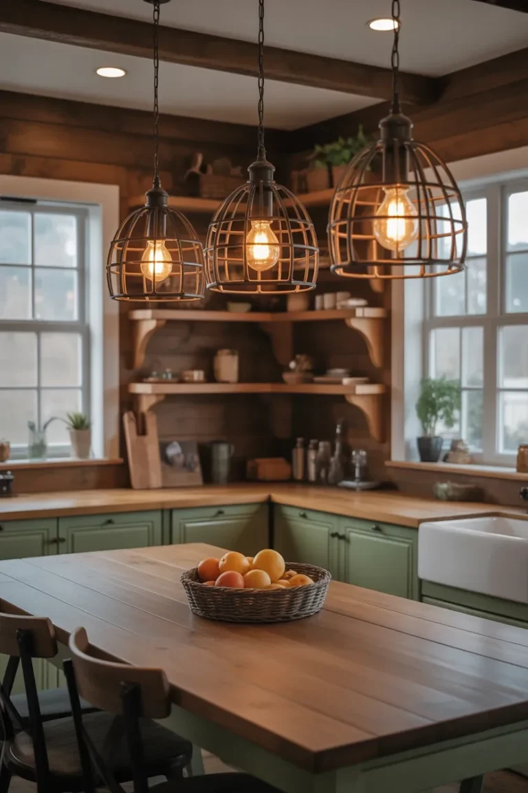 Rustic Kitchen Ideas with warm rustic lighting creating a cozy and inviting atmosphere