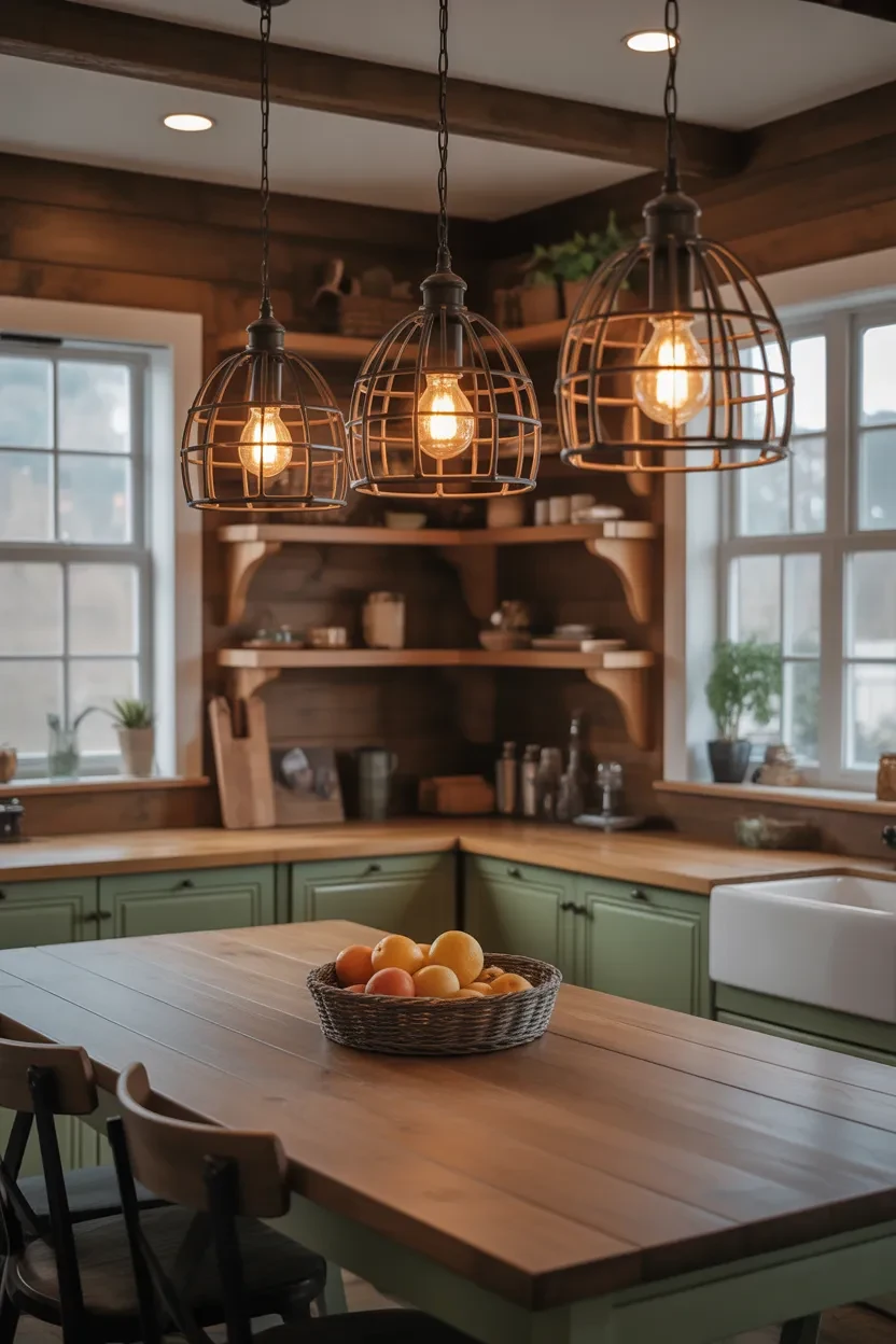 Rustic Kitchen Ideas with warm rustic lighting creating a cozy and inviting atmosphere