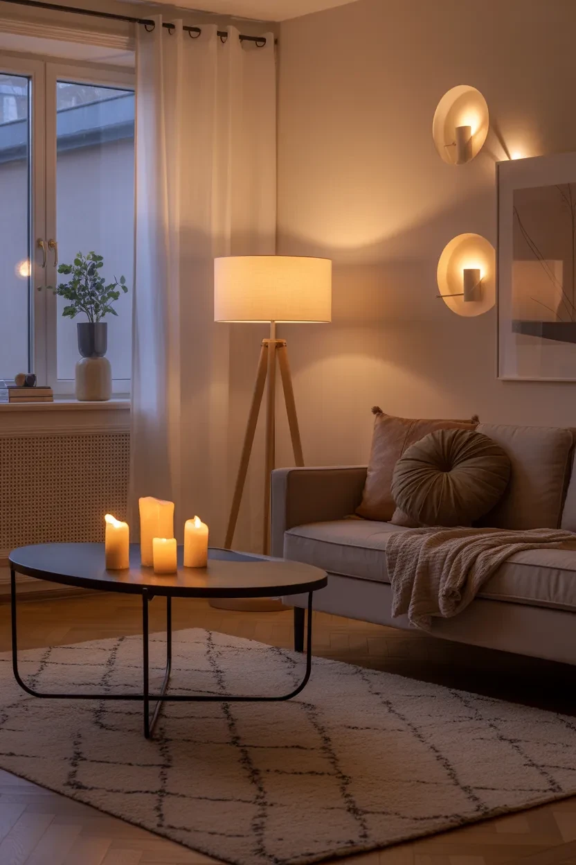 Scandinavian Living Room Ideas with layered lighting and warm cozy ambiance