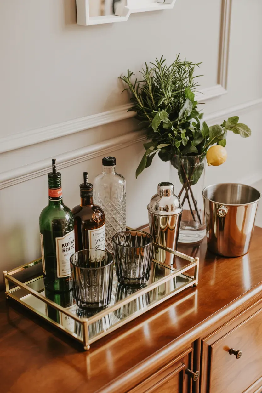Sideboard decor ideas styled as an elegant home bar with crystal tumblers, gold cocktail shaker, spirit bottles, and fresh herbs on a mirrored tray