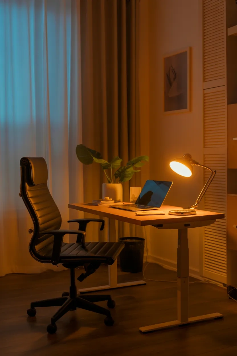 Sit Stand Desk Ideas with warm lighting for eye comfort and focus
