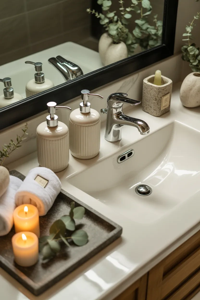 Soap Dispenser Set Ideas for creating a calming spa inspired bathroom sink area