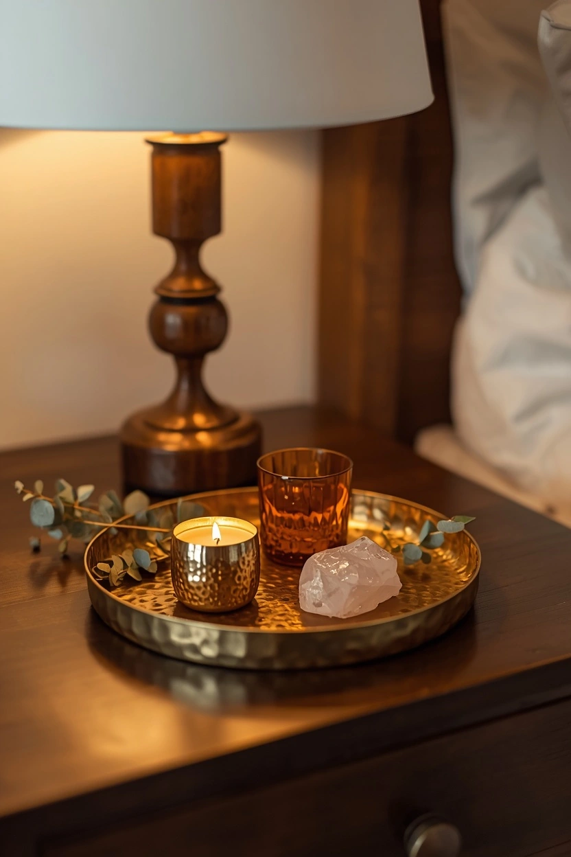 Styled brass tray on a nightstand with candle crystal and dried eucalyptus a simple and elegant Moroccan Bedroom Decor Idea for any room