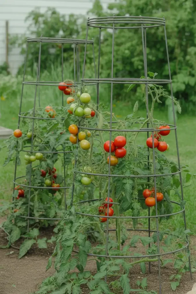 Tomato Trellis Ideas using strong tomato cage towers in a home garden