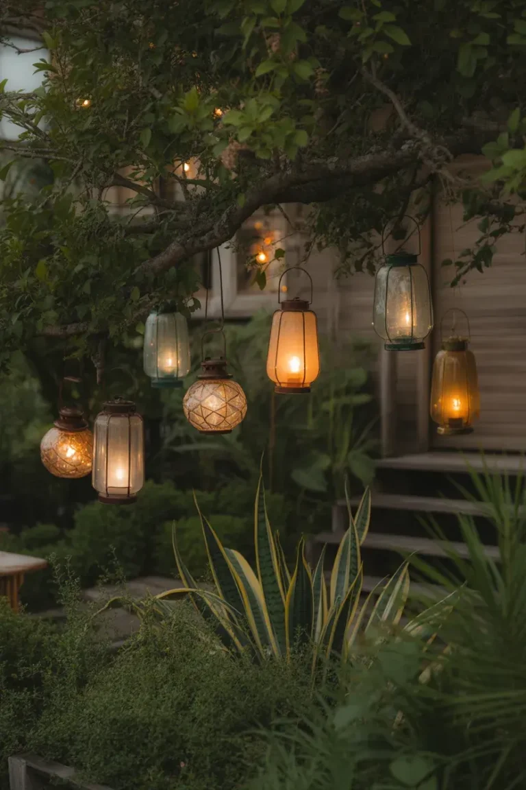 Vintage Garden Decor Ideas with hanging lanterns creating a warm and cozy evening garden ambiance