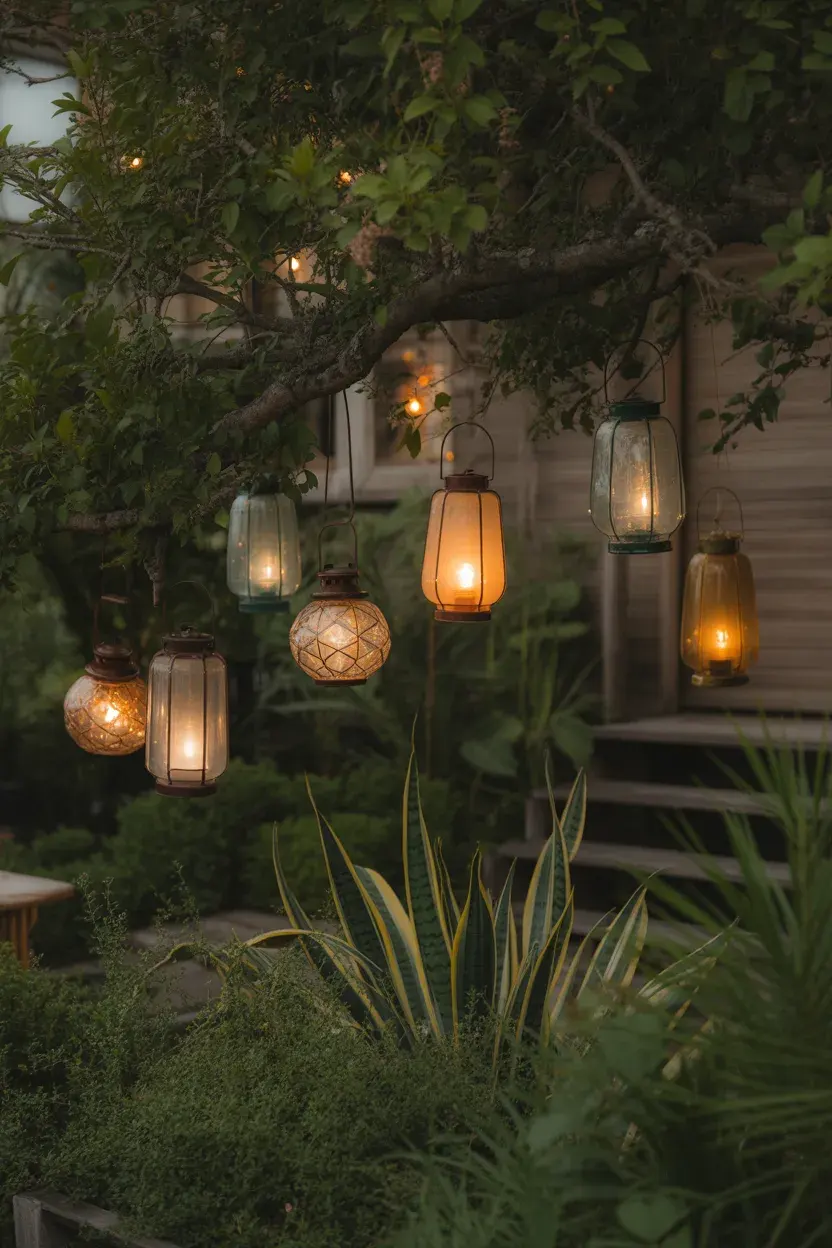 Vintage Garden Decor Ideas with hanging lanterns creating a warm and cozy evening garden ambiance