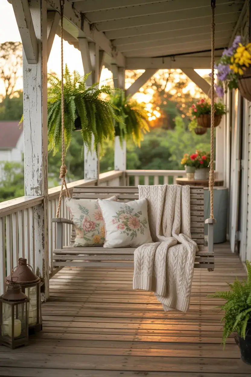 Vintage Porch Decor Ideas with wooden porch swing and cozy vintage styling