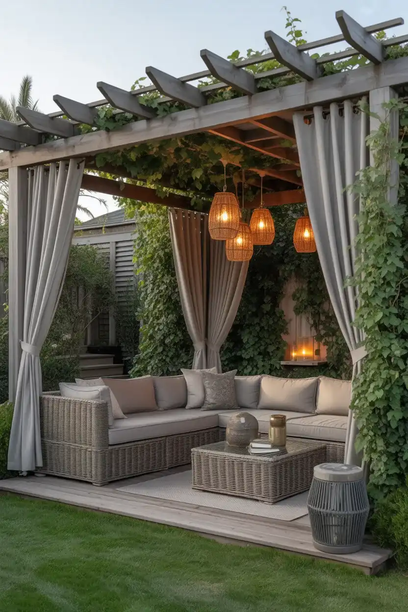West Facing Garden Design with relaxing pergola lounge and outdoor seating