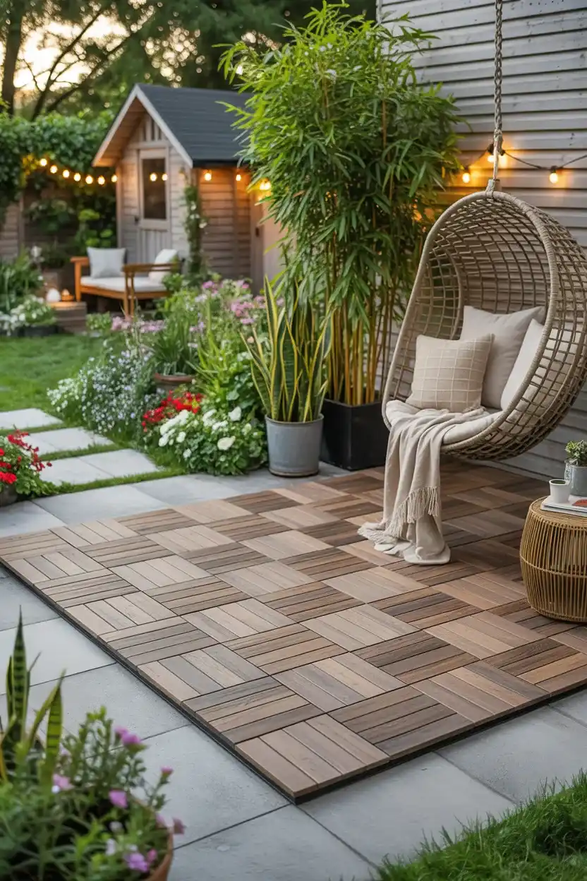Wood-look snap-together patio tiles with hanging woven chair and potted bamboo in a cozy outdoor nook