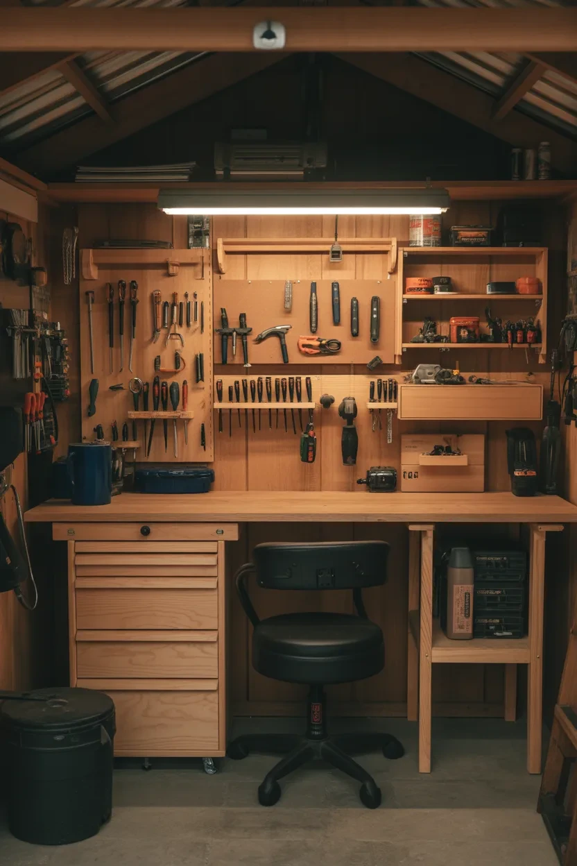 Workbench with storage drawers showing functional Shed Storage Ideas for a productive shed