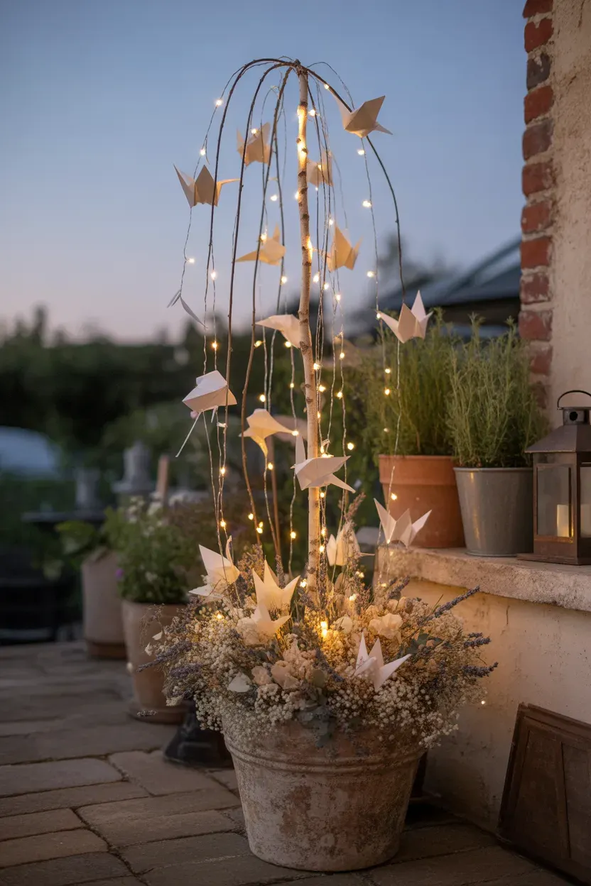 a decorated birch branch display on a garden patio styled for the season a versatile and stunning DIY garden project using a single foraged branch