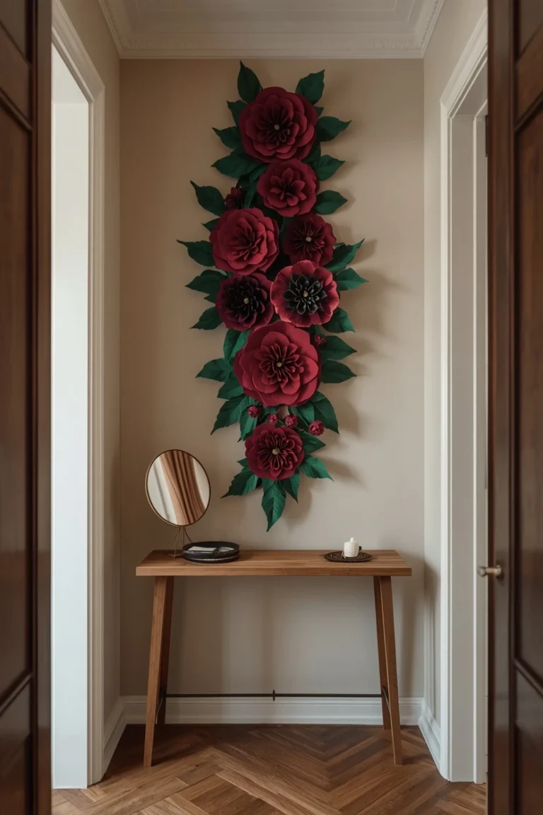 apartment entryway vertical paper flower wall decor ideas with deep raspberry and forest green blooms