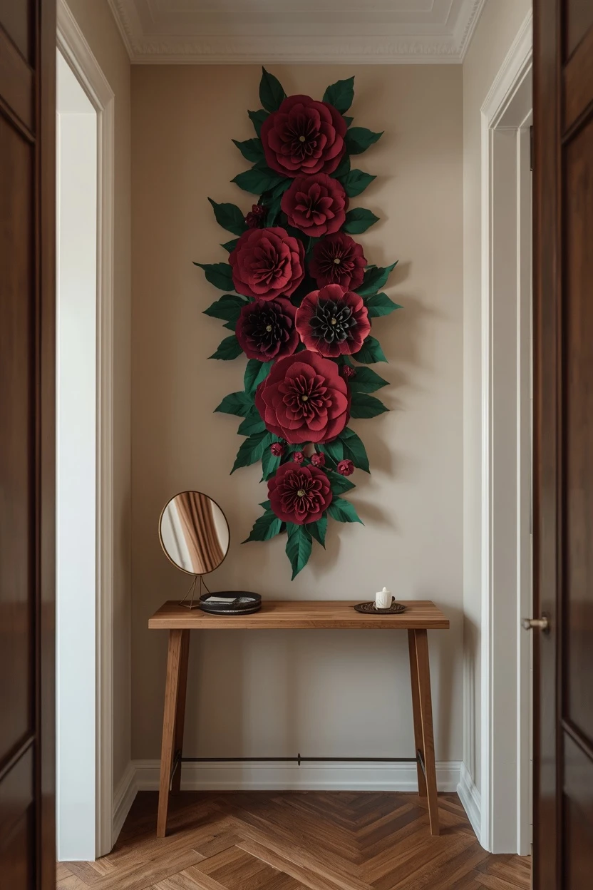 apartment entryway vertical paper flower wall decor ideas with deep raspberry and forest green blooms