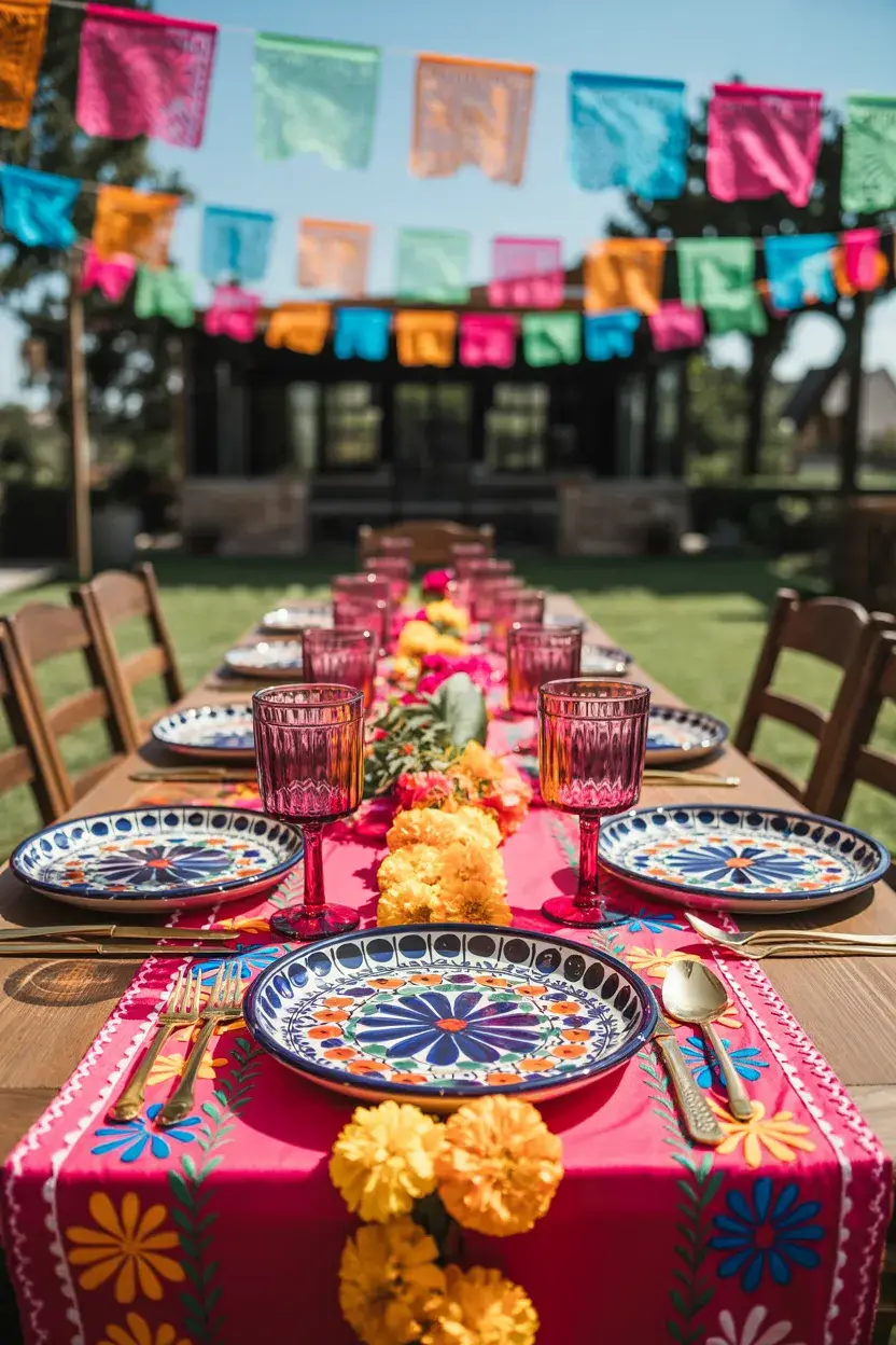 colorful fiesta outdoor table decor ideas with Talavera dishes marigold garlands and bright embroidered runner for festive gatherings