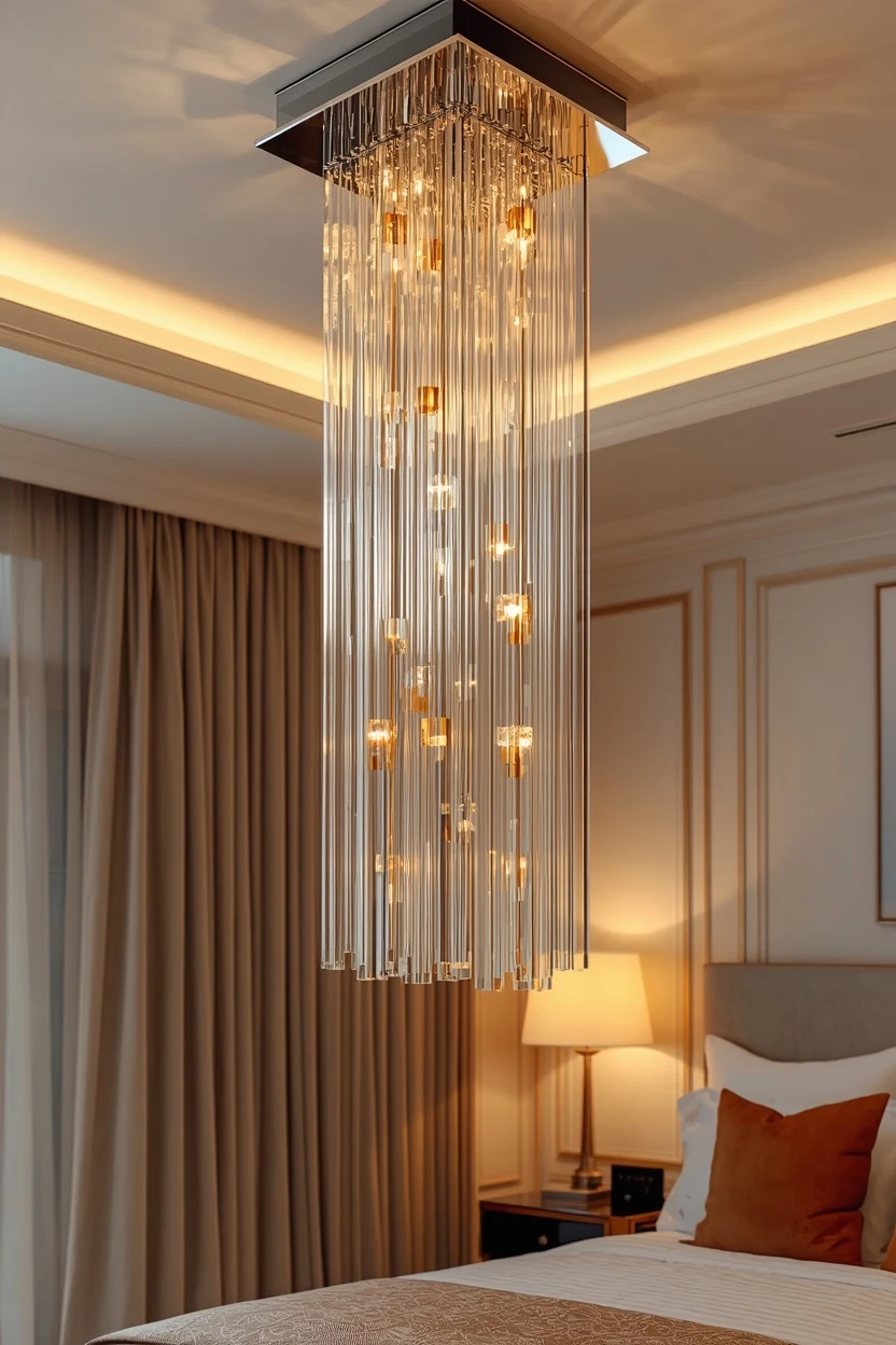 crystal column modern chandelier ideas for luxurious primary bedroom with tray ceiling
