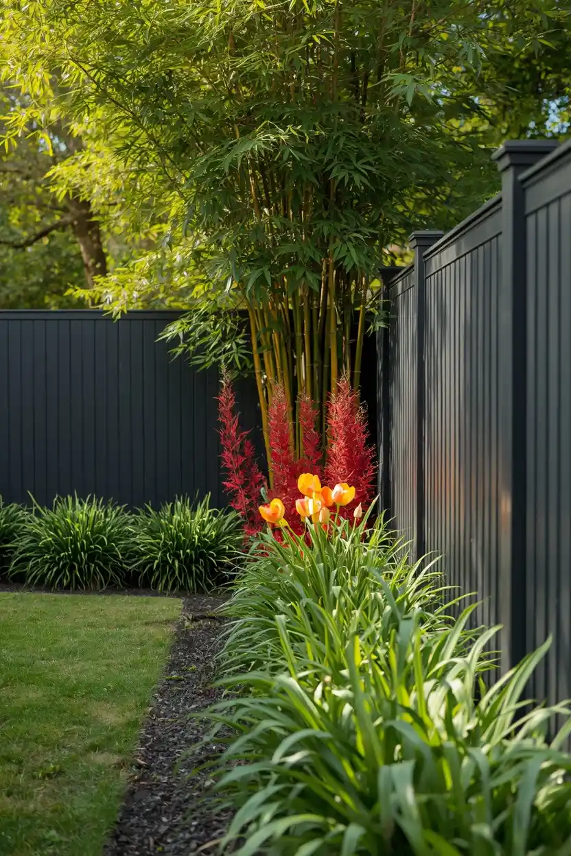 fence line planting small tropical garden design ideas with bamboo gingers and crotons against charcoal painted fence