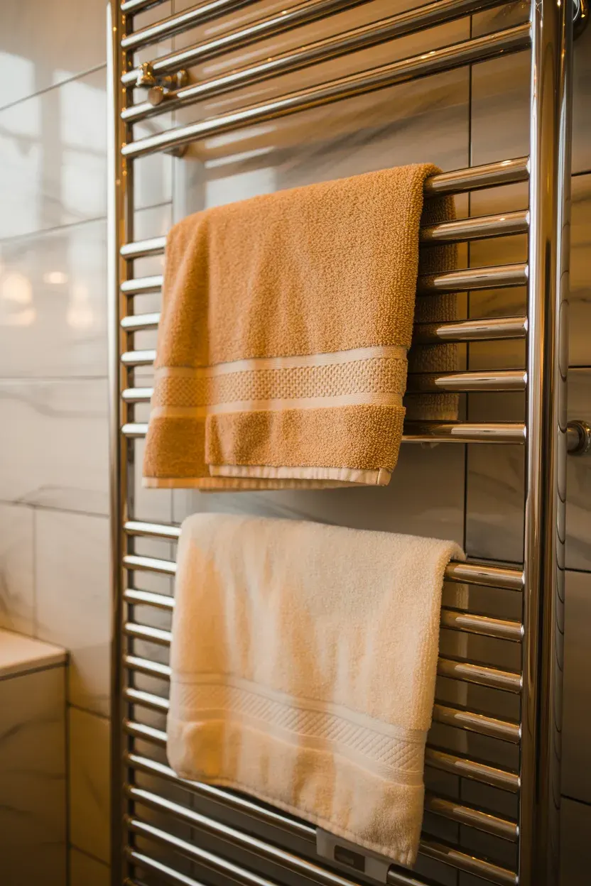 heated towel rack ideas with chrome rail and plush cream towels on a marble bathroom wall