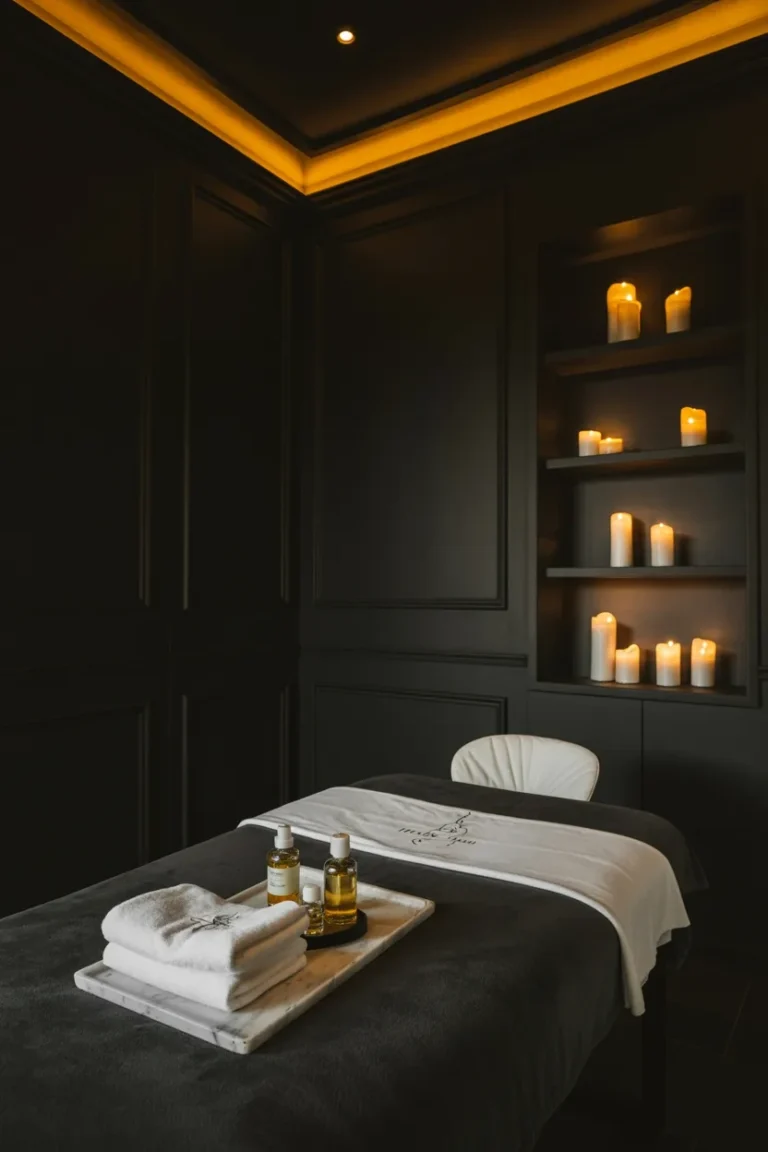 luxury dark spa massage room ideas with charcoal walls amber lighting and marble tray