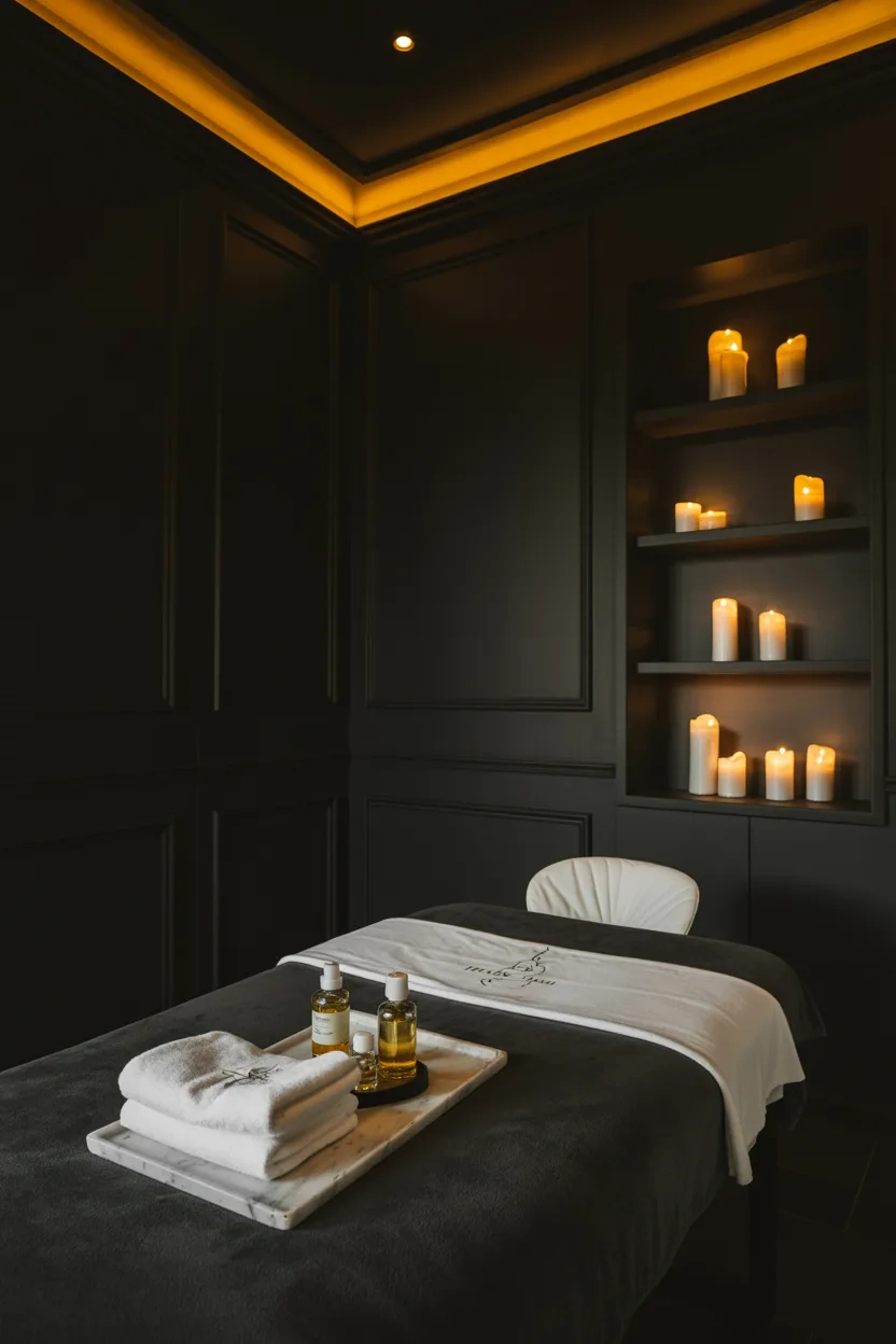 luxury dark spa massage room ideas with charcoal walls amber lighting and marble tray