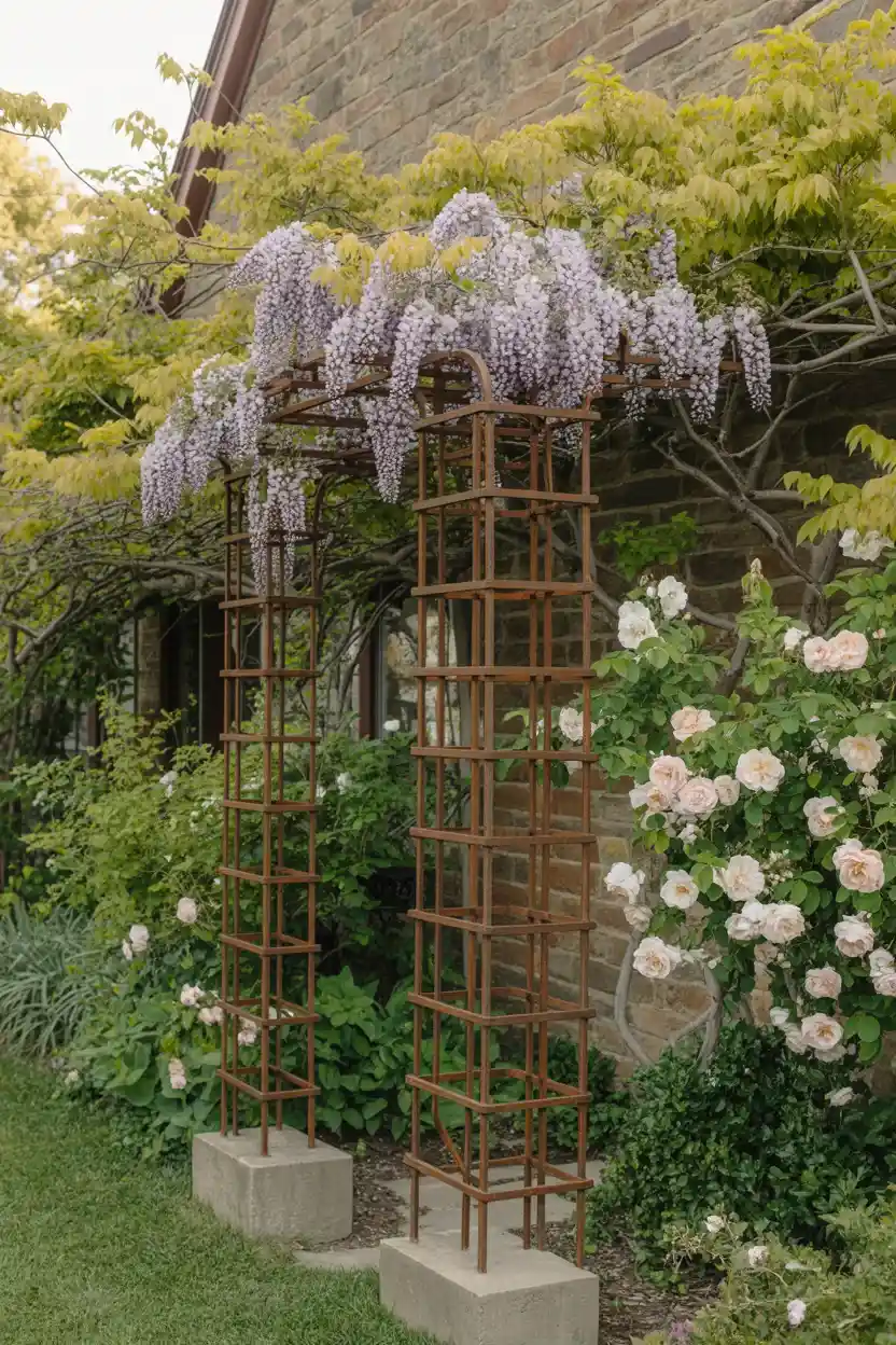 permanent rebar DIY garden trellis ideas covered in wisteria and climbing roses against a stone garden wall